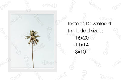 An infographic explaining the single palm tree with a light blue sky background  digital artwork size dimensions and that it's an instant download.