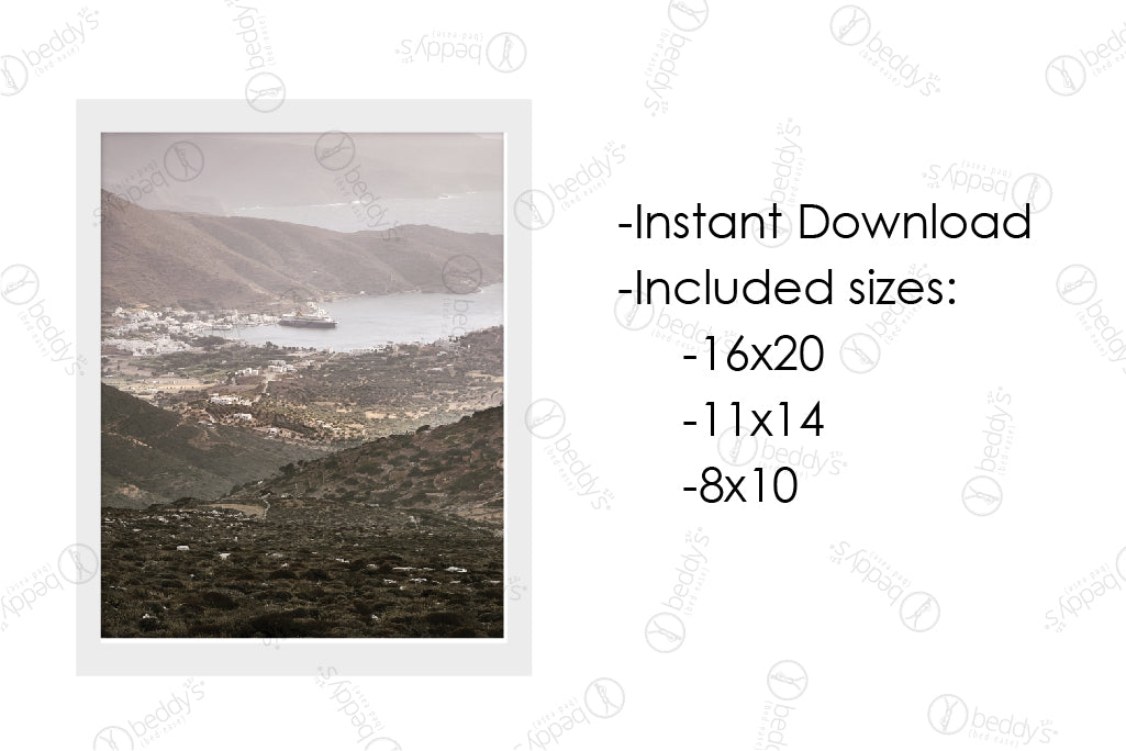 An infographic explaining the bay landscape with a small town digital artwork size dimensions and that it's an instant download.
