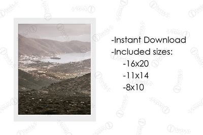 An infographic explaining the bay landscape with a small town digital artwork size dimensions and that it's an instant download.