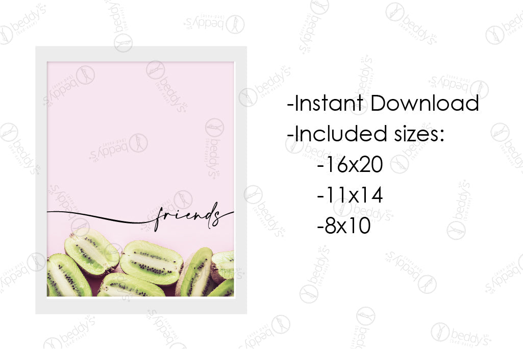 An infographic explaining the pink backdrop with multiple kiwis digital artwork size dimensions and that it's an instant download. 