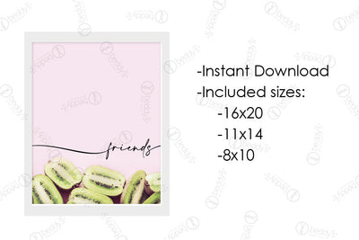 An infographic explaining the pink backdrop with multiple kiwis digital artwork size dimensions and that it's an instant download. 