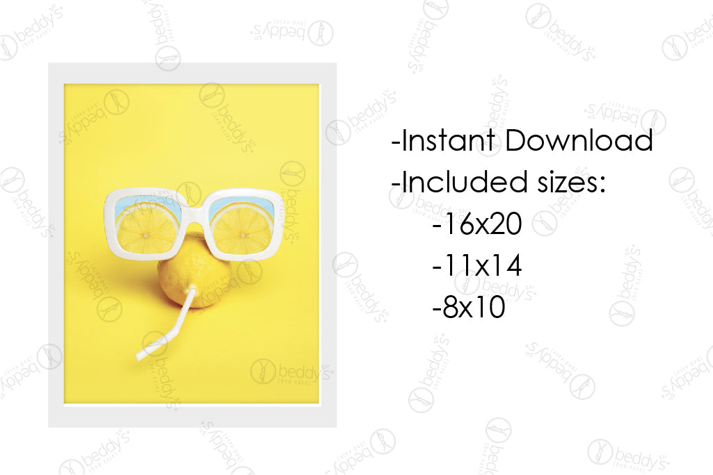 An infographic explaining the lemon with a straw poked through it and white sunglasses on top of it digital artwork size dimensions and that it's an instant download. 