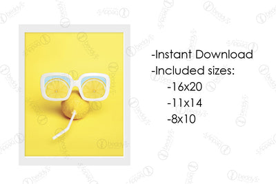 An infographic explaining the lemon with a straw poked through it and white sunglasses on top of it digital artwork size dimensions and that it's an instant download. 