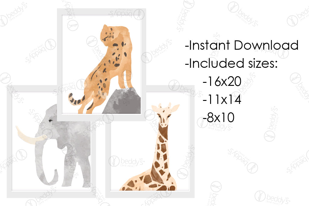 An infographic explaining the cheetah, elephant, and giraffe watercolor digital artworks size dimensions and that it's an instant download. 