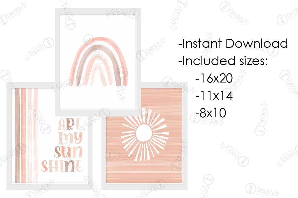 An infographic explaining the pastel pink peach rainbow, sun, and graphic lettering stating "you are my sunshine" three different digital artwork size dimensions and that it's an instant download. 