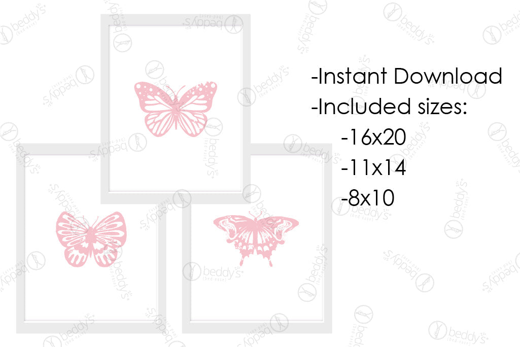 An infographic explaining the three different pink butterflies digital artwork size dimensions and that it's an instant download.