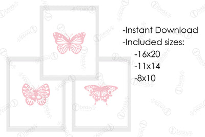 An infographic explaining the three different pink butterflies digital artwork size dimensions and that it's an instant download.