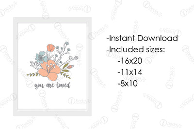An infographic explaining the floral arrangement digital artwork size dimensions and that its an instant download.