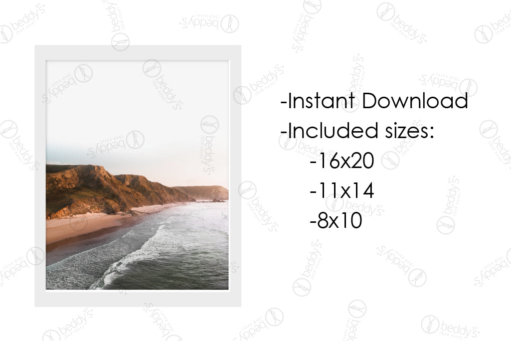An infographic explaining the island with a beach at sunset digital artwork size dimensions and that it's an instant download. 