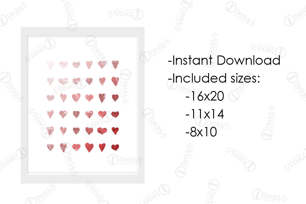 An infographic explaining the pink and red watercolor hearts digital artwork size dimensions and that it's an instant download. 