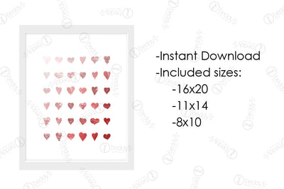 An infographic explaining the pink and red watercolor hearts digital artwork size dimensions and that it's an instant download. 