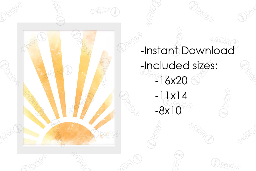 An infographic explaining the watercolor yellow sun digital artwork size dimensions and that it's an instant download. 