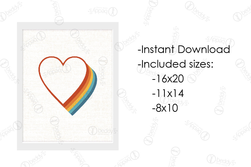 An infographic explaining the retro rainbow outlined heart digital artwork size dimensions and that it's an instant download. 
