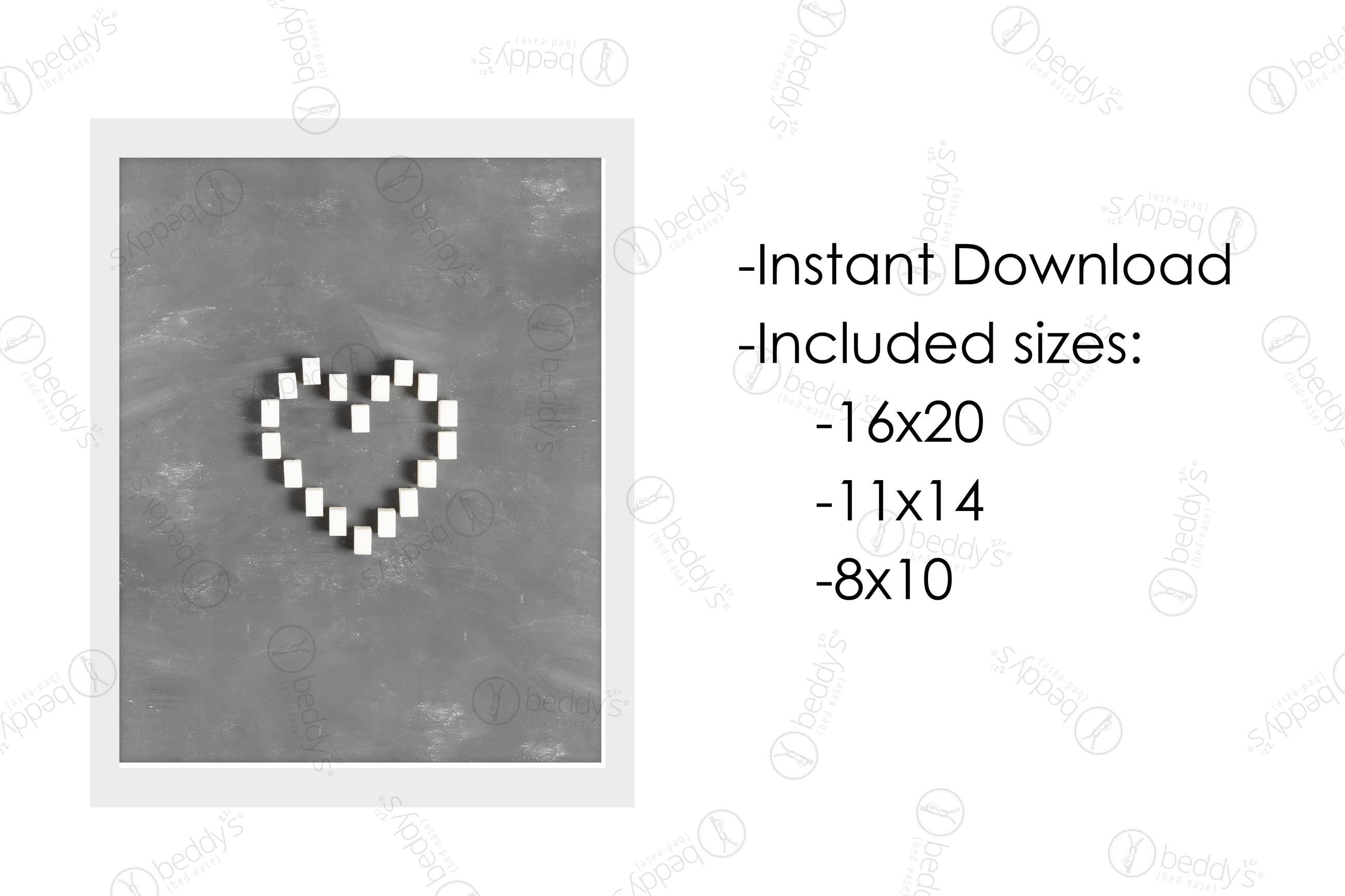 An infographic explaining the multiple white sugar cubes making a heart with a gray background digital artwork size dimensions and that it's an instant download.