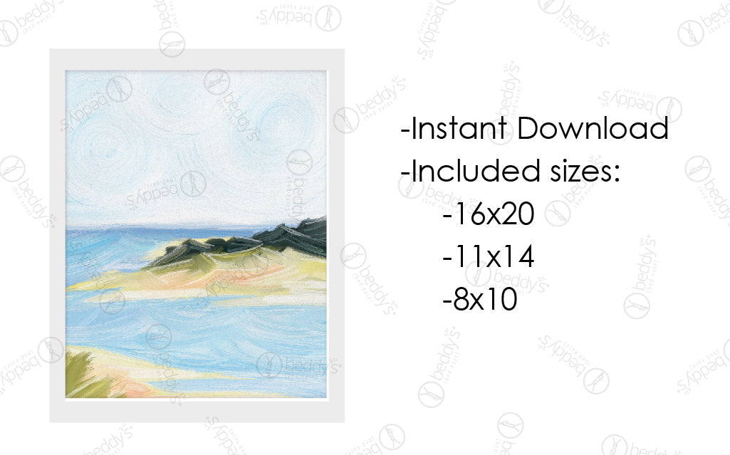 An infographic explaining the Lake Michigan landscape with water and green hills digital artwork size dimensions and that it's an instant download. 