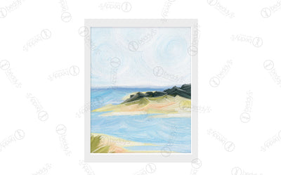 A Lake Michigan landscape with water and green hills digital artwork showcased in a frame. 