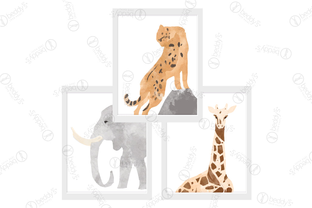 A cheetah, elephant, and giraffe watercolor digital artworks showcased in frames.