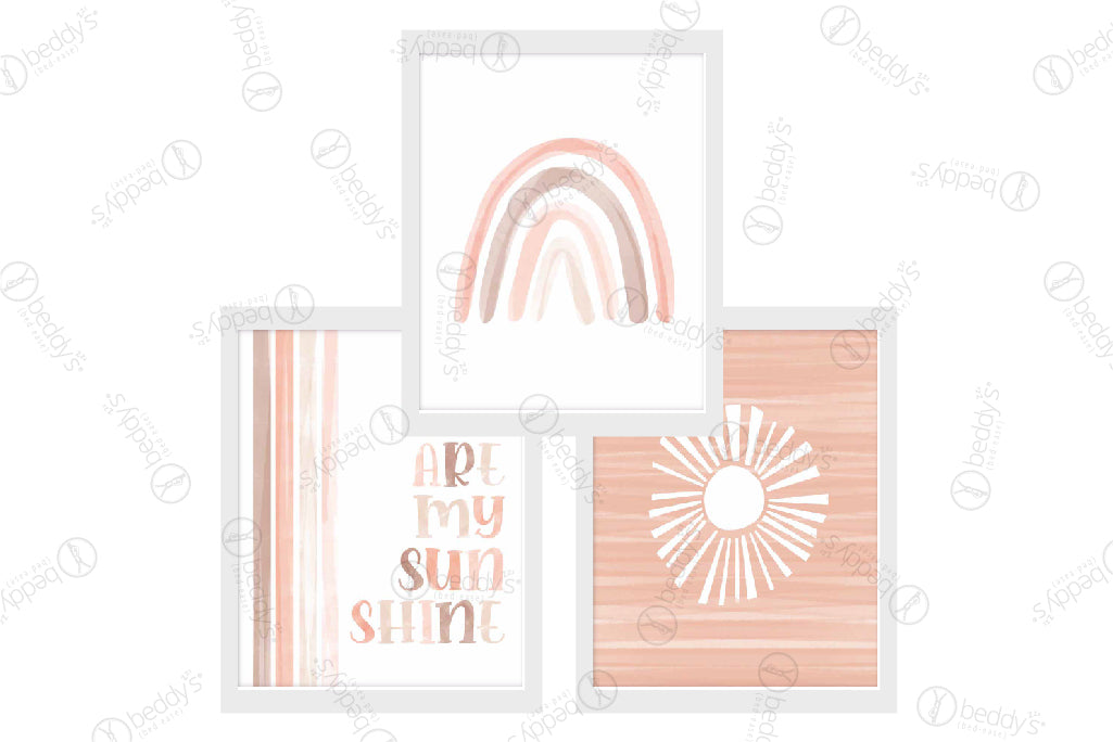 A pastel pink peach rainbow, sun, and graphic lettering stating "you are my sunshine" three different digital artworks showcased in frames.