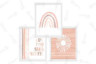 A pastel pink peach rainbow, sun, and graphic lettering stating "you are my sunshine" three different digital artworks showcased in frames.