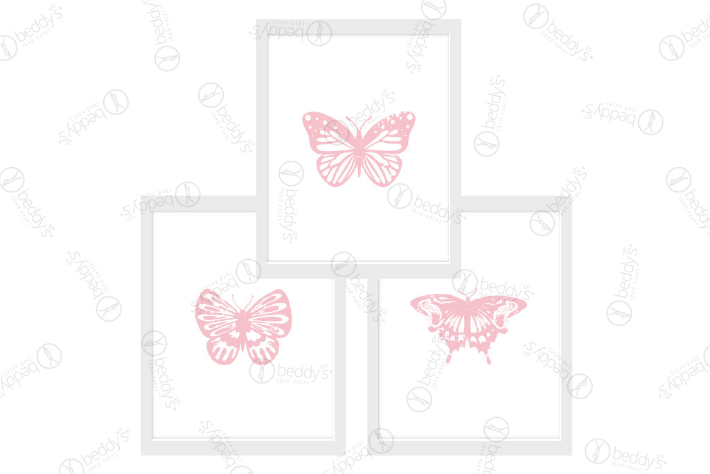Three different pink butterflies digital artworks showcased in frames.