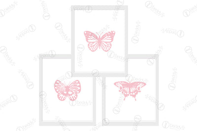 Three different pink butterflies digital artworks showcased in frames.