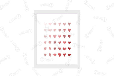 Pink and red watercolor hearts digital artwork showcased in a frame. 