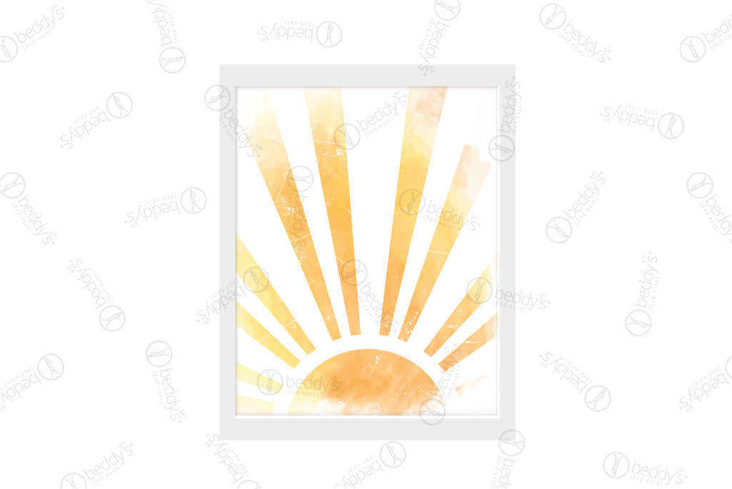 A watercolor yellow sun digital artwork showcased in a frame. 
