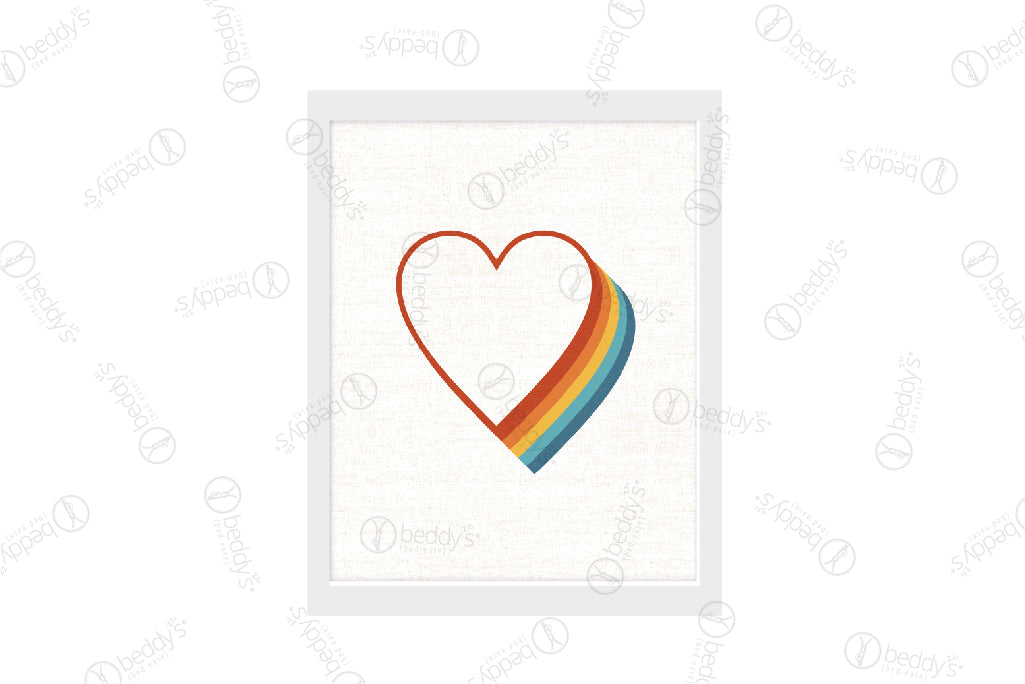 A retro rainbow outlined heart digital artwork showcased in a frame. 
