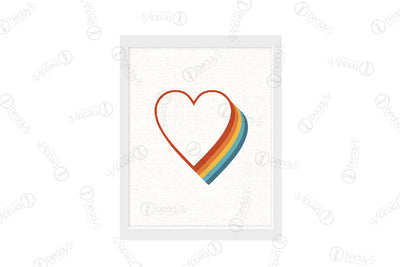 A retro rainbow outlined heart digital artwork showcased in a frame. 
