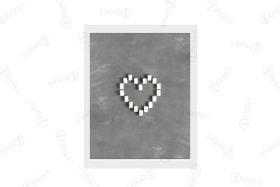 Multiple white sugar cubes making a heart with a gray background digital artwork showcased in a frame.