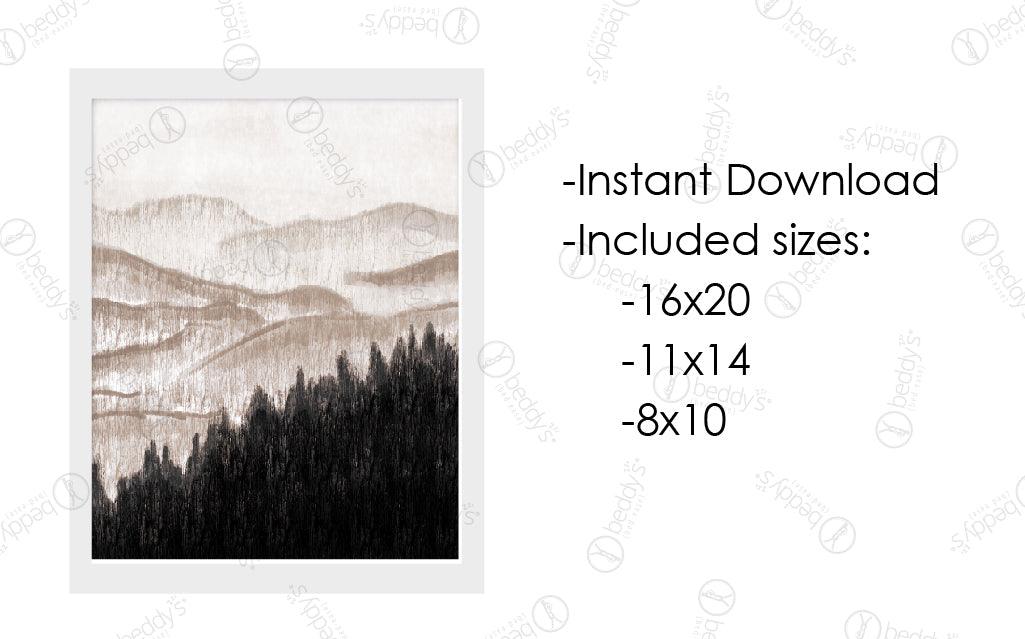 An infographic explaining the brown mountain range and black tree landscape digital artwork size dimensions and that it's an instant download. 