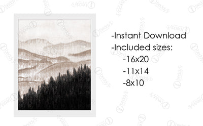 An infographic explaining the brown mountain range and black tree landscape digital artwork size dimensions and that it's an instant download. 