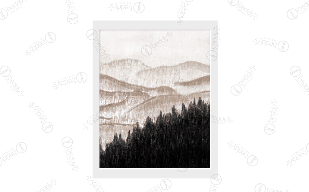 A brown mountain range and black tree landscape digital artwork showcased in a frame. 