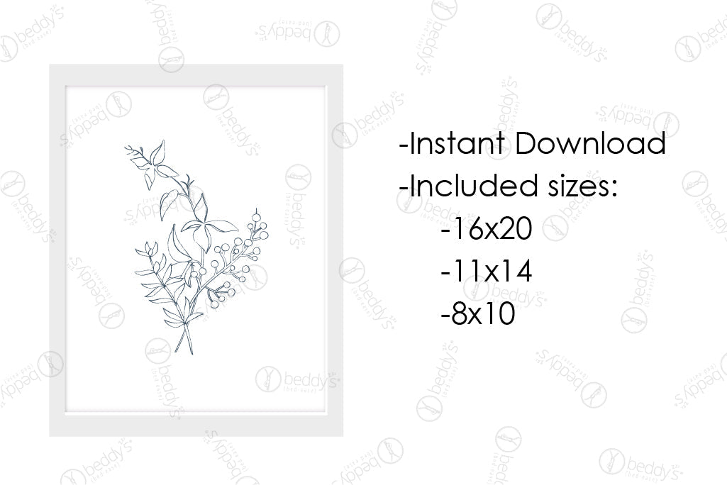 An infographic explaining the outlined floral and leaf arrangement digital artwork size dimensions and that it's an instant download. 