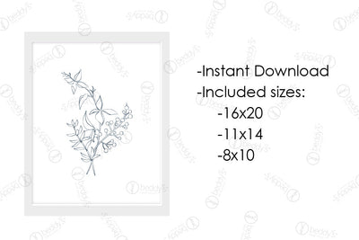 An infographic explaining the outlined floral and leaf arrangement digital artwork size dimensions and that it's an instant download. 