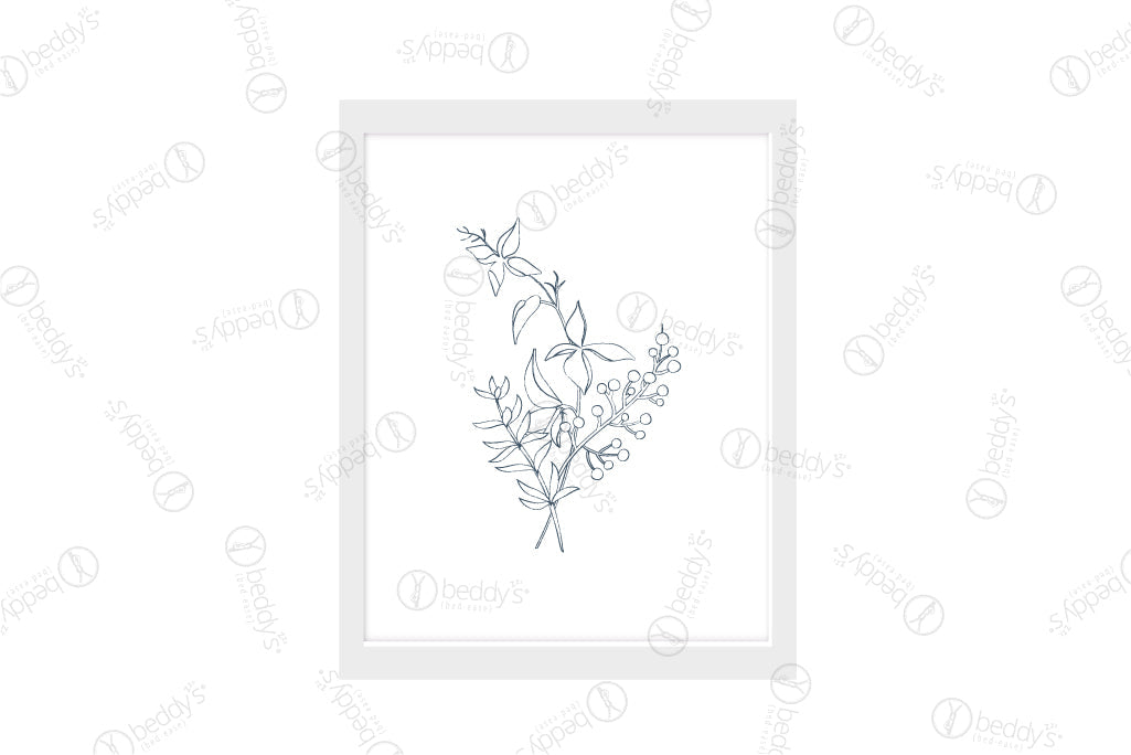 An outlined floral and leaf arrangement digital artwork showcased in a frame. 