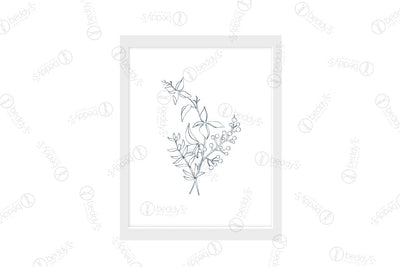 An outlined floral and leaf arrangement digital artwork showcased in a frame. 