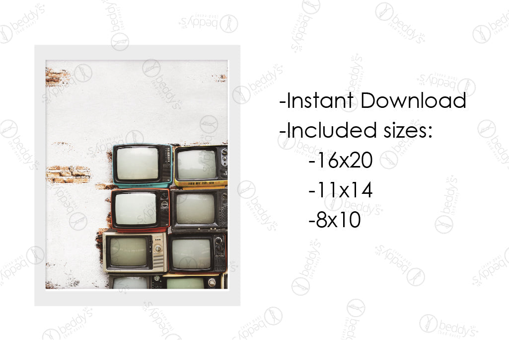 An infographic explaining the vintage televisions stack on top of each other against a white painted brick wall digital artwork size dimensions and that it's an instant download. 