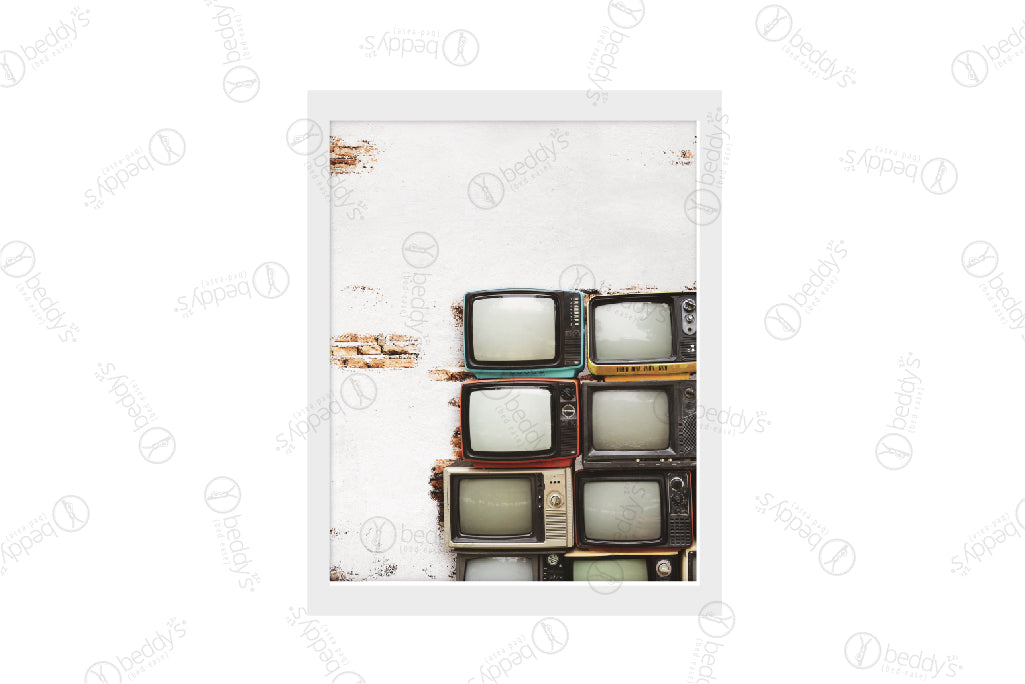 Vintage televisions stack on top of each other against a white painted brick wall digital artwork showcased in a frame. 