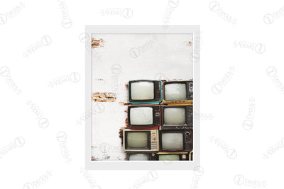 Vintage televisions stack on top of each other against a white painted brick wall digital artwork showcased in a frame. 