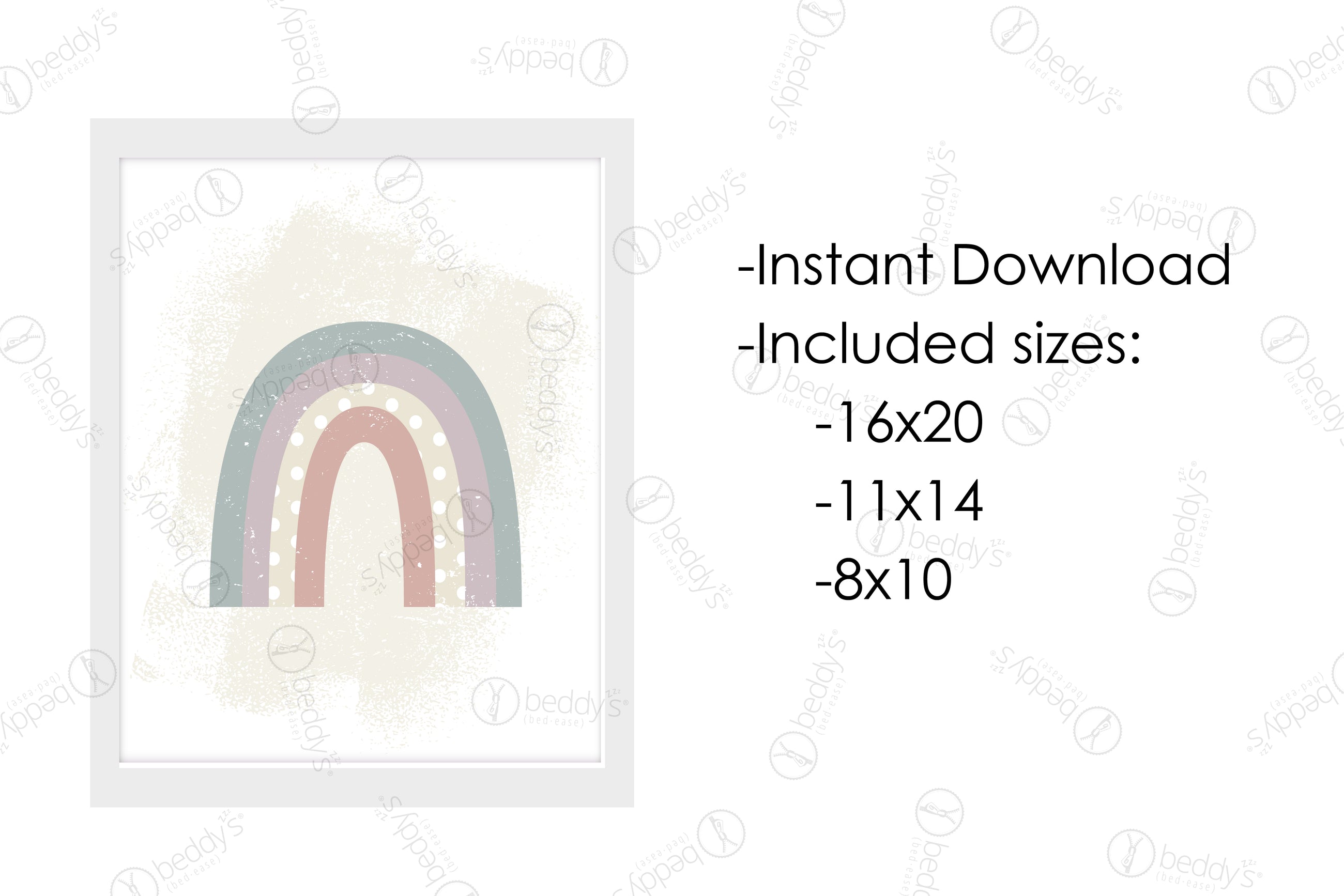 An infographic explaining the pastel large rainbow digital artwork size dimensions and that it's an instant download. 