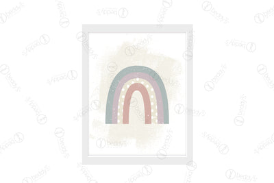 A pastel large rainbow digital artwork showcased in a frame.