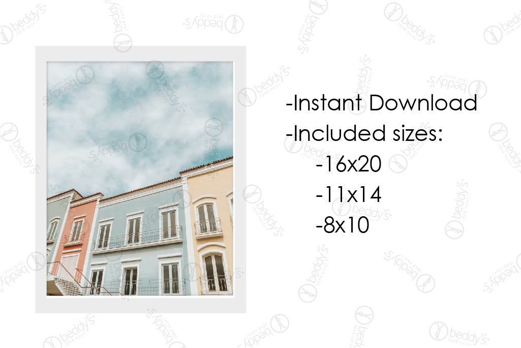 An infographic explaining the blue, light red, and yellow attached buildings digital artwork size dimensions and that it's an instant download. 