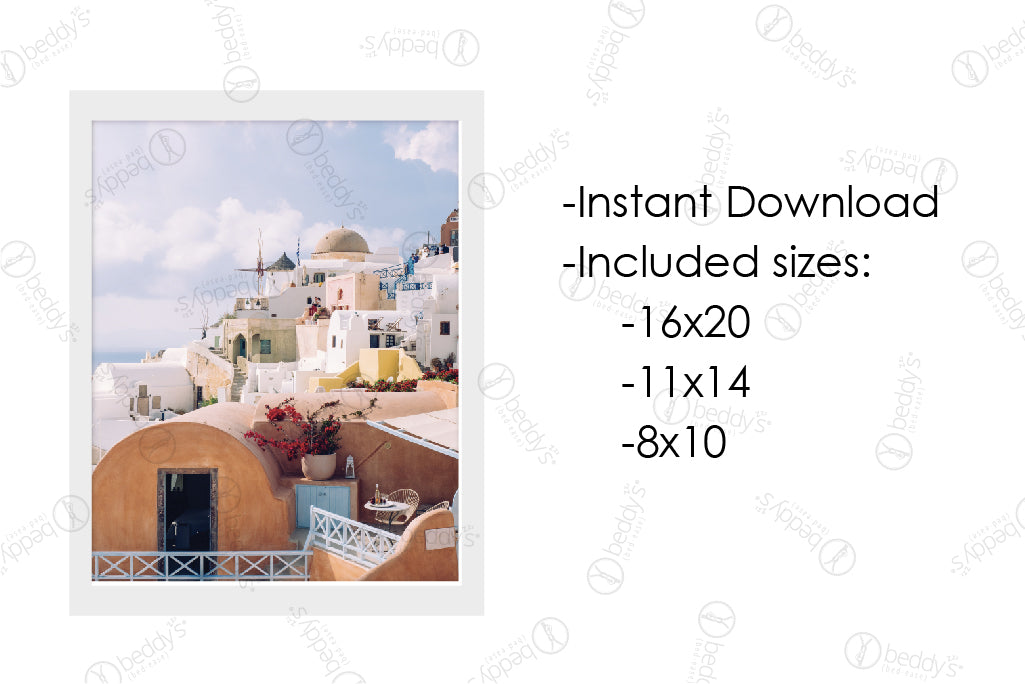 An infographic explaining white, cream, yellow, and orange rounded and uniquely shape buildings digital artwork size dimensions and that it's an instant download. 