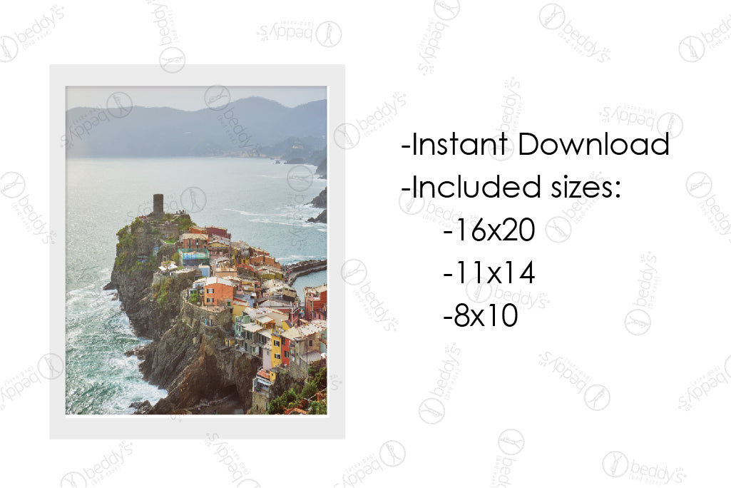 An infographic explaining the small town on the edge of a cliffside island surrounded by water digital artwork size dimensions and that it's an instant download.