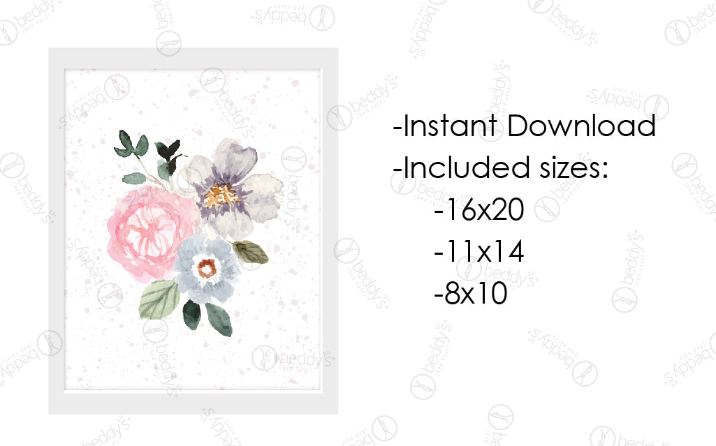 An infographic explaining the watercolor flowers digital artwork size dimensions and that it's an instant download. 