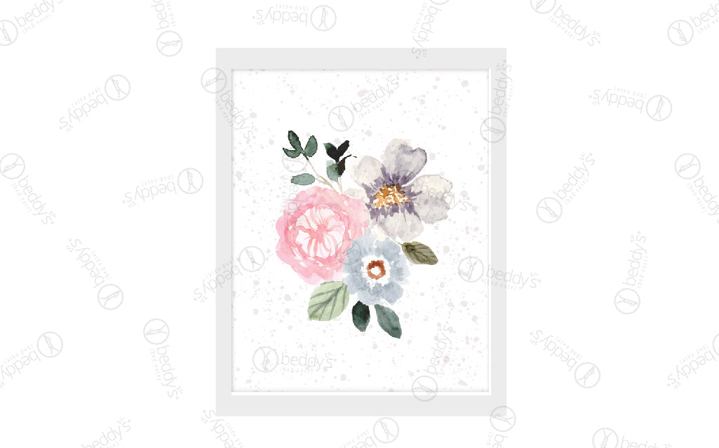 Pink, blue, and purple watercolor flowers digital artwork showcased in a frame. 