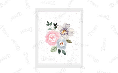 Pink, blue, and purple watercolor flowers digital artwork showcased in a frame. 