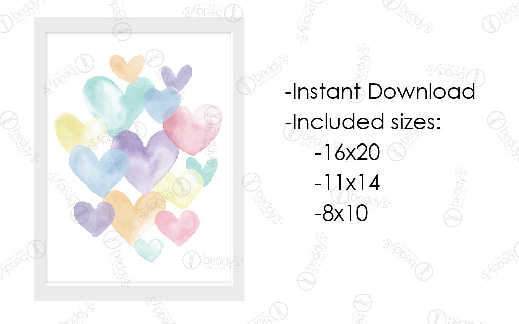 An infographic explaining the watercolor hearts digital artwork size dimensions and that it's an instant download. 