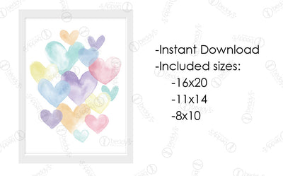 An infographic explaining the watercolor hearts digital artwork size dimensions and that it's an instant download. 